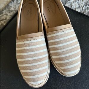 Clarks Tan and White Striped Espadrilles